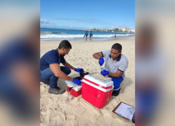 Dois funcionários da prefeitura do Rio de Janeiro fazem uma análise com ferramentas específicas da areia de uma praia. Ao fundo, o mar e pessoas caminhando. Praia de Botafogo está própria para banho após anos poluída - Metrópoles