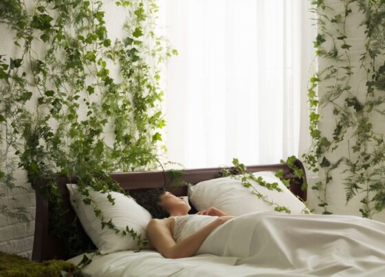 Mulher deitada em cama com jogo de cama branco e paredes do quarto cheias de plantas verdes