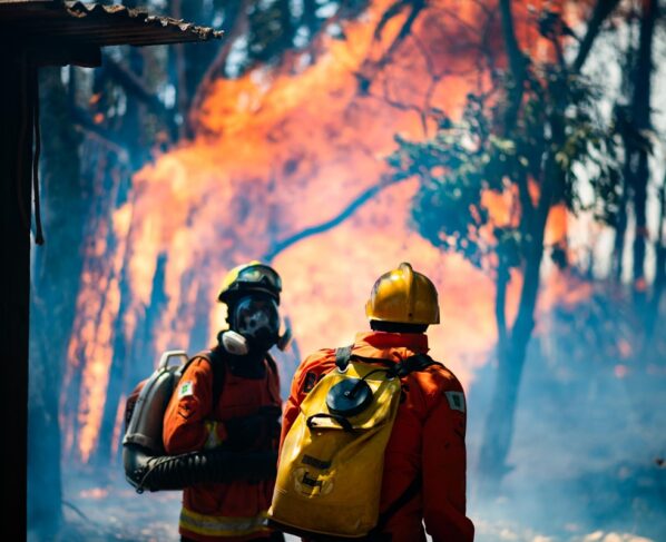 Imagem de bombeiros fardados e usando mangueiras para combater um incêndio na Floresta Nacional de Brasília