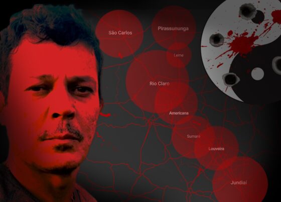 Arte gráfica de homem branco, de cabelo curto e cavanhaque ralo, com a pele colorizada de vermelho, ao lado do símbolo do ying yang, marcado por perfurações de tiros e manchado de sangue - Metrópoles