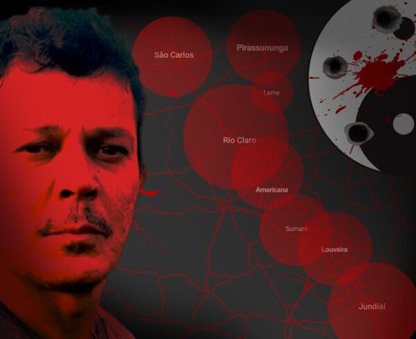 Arte gráfica de homem branco, de cabelo curto e cavanhaque ralo, com a pele colorizada de vermelho, ao lado do símbolo do ying yang, marcado por perfurações de tiros e manchado de sangue - Metrópoles