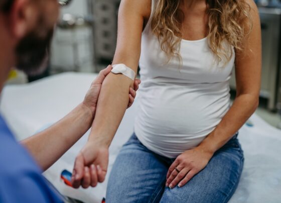 Ginecologista obstetra coletando amostra de sangue de gestante como parte do pré-natal. Gestante em consulta de acompanhamento gestacional no consultório médico. Metrópoles