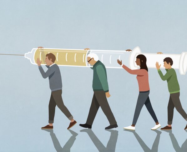 Ilustração de quatro pessoas carregando vacina - Metrópoles