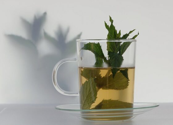 Foto colorida _ Xícara com bebida verde e folhas de hortelã dentro