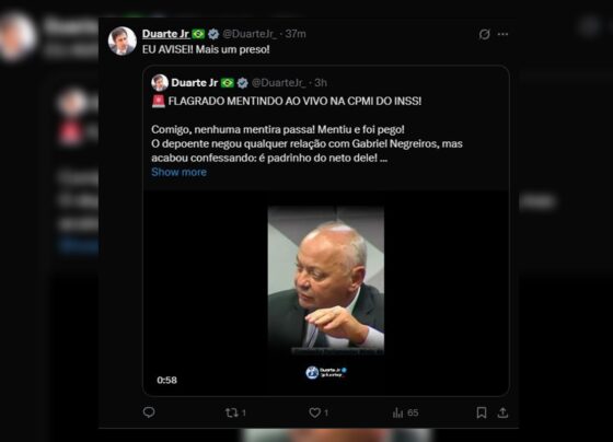 Imagem colorida de postagem do deputado federal Duarte Jr. sobre prisão de Abraão Lincoln