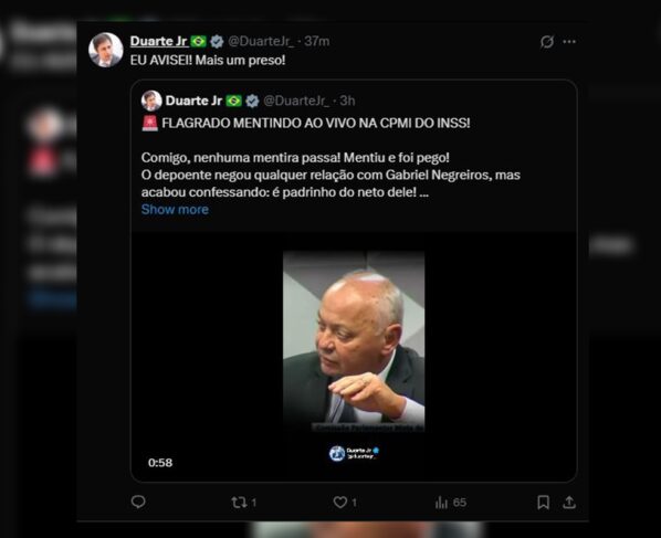 Imagem colorida de postagem do deputado federal Duarte Jr. sobre prisão de Abraão Lincoln