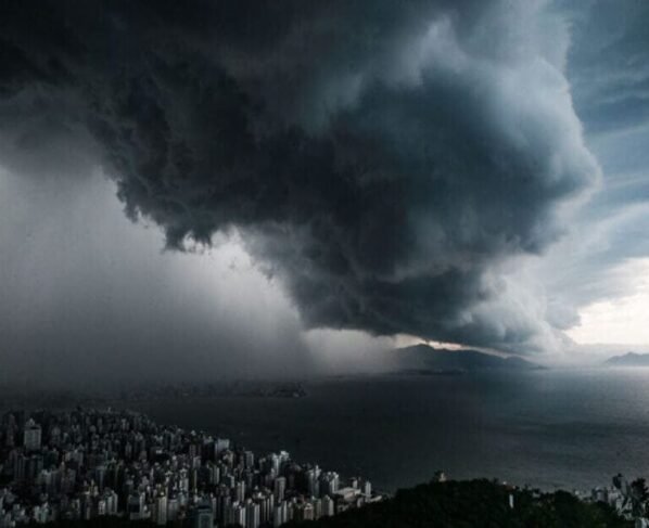 Imagem colorida mostra tempo fechado em cidade - Metrópoles