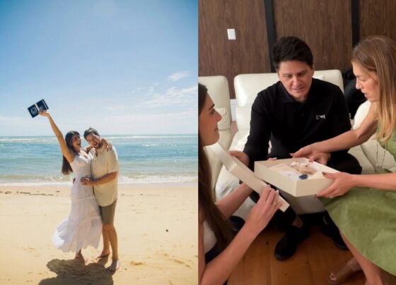 Montagem colorida com fotos de Cesar Filho e Elaine Mickely compartilham reação à gravidez da filha