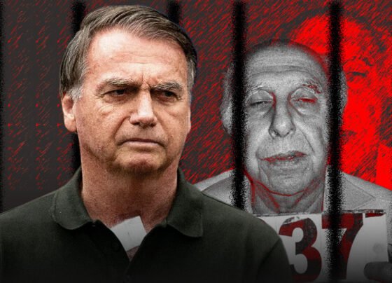 Arte mostra Jair Bolsonaro em primeiro plano e Roger Abdelmassih ao fundo, atrás da grades