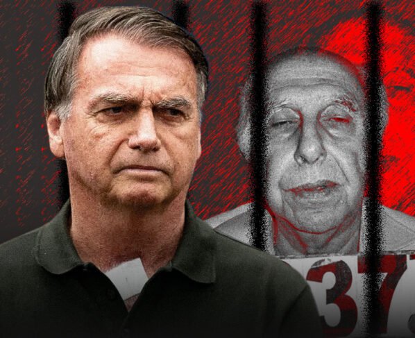 Arte mostra Jair Bolsonaro em primeiro plano e Roger Abdelmassih ao fundo, atrás da grades