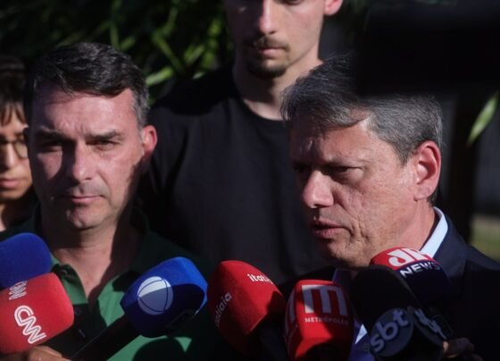 Após visita de Tarcísio de Freitas ao ex-presidente Jair Bolsonaro, o governador de São Paulo e o senador Flávio Bolsonaro (PL-RJ) falam com a imprensa - Metrópoles