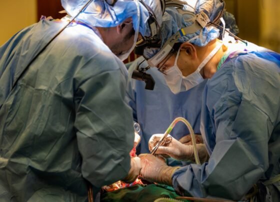 Imagem colorida mostra médicos realizando cirurgia de homem que ficou dois dias sem pulmões - Metrópoles