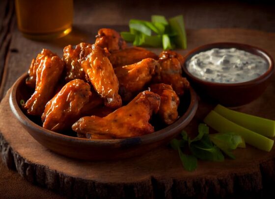 Asinhas de frango servidas com molho