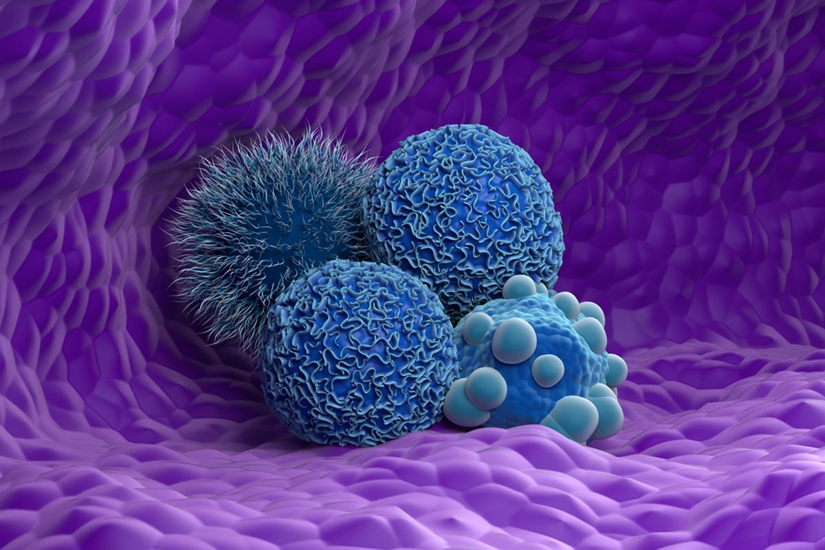 Ilustração mostra células cancerígenas em azul, em um fundo roxo - Metrópoles