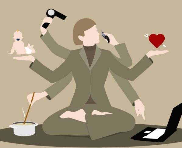 Ilustração colorida de mulher com seis braços, sobrecarregada de tarefas - Metrópoles.