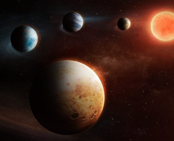 Ilustração colorida do sistema formado pela estrela LHS 1903 - Metrópoles