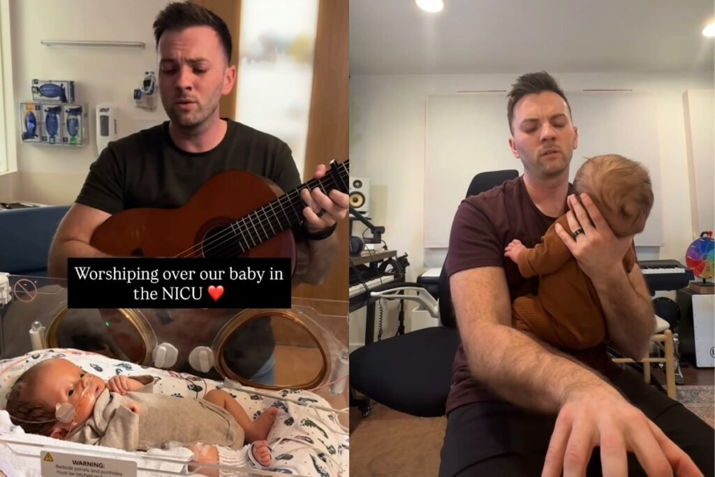 Montagem de rapaz cantando pro filho