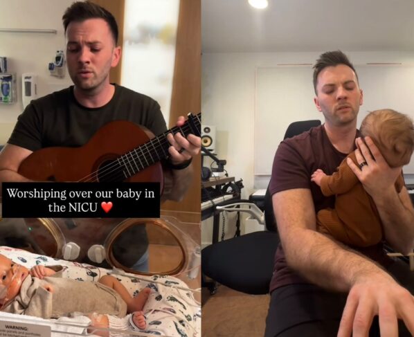 Montagem de rapaz cantando pro filho