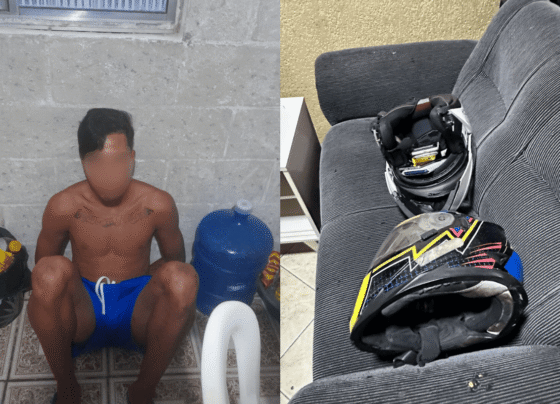 Colagem colorida de suspeito e capacetes presos em operação contra ladrões de motos de luxo - Metrópoles