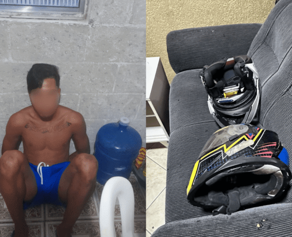 Colagem colorida de suspeito e capacetes presos em operação contra ladrões de motos de luxo - Metrópoles