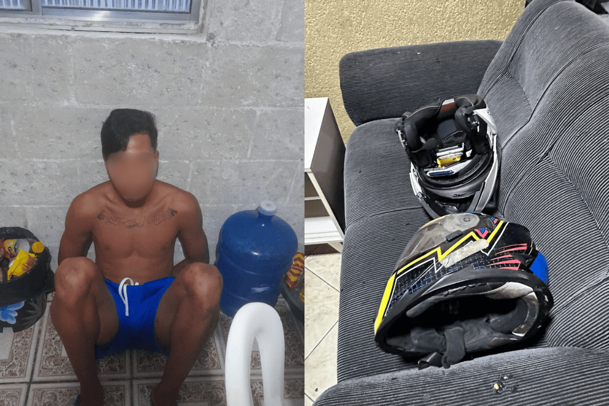 Colagem colorida de suspeito e capacetes presos em operação contra ladrões de motos de luxo - Metrópoles