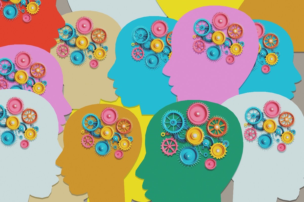 Ilustração colorida de várias pessoas com engrenagens no cérebro, representando os pensamentos - Entenda de onde vem a voz que conversa com você dentro da sua cabeça - Metrópoles