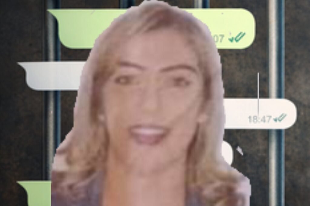 Retrato de mulher branca, com cabelos loiros até a altura dos ombros, com plano de fundo de balões de WhatsApp - Metrópoles