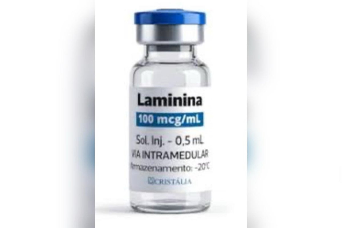 Imagem mostra um frasco de laminina/polilaminina em fundo branco. Metrópoles