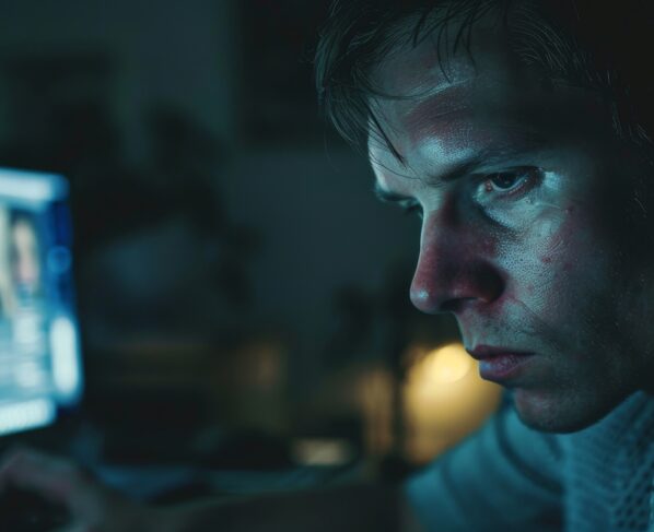 Imagem realista feita com IA, de um homem com luz de tela sobre o rosco e um computador ligado ao fundo, em abiente escuro - Metrópoles.