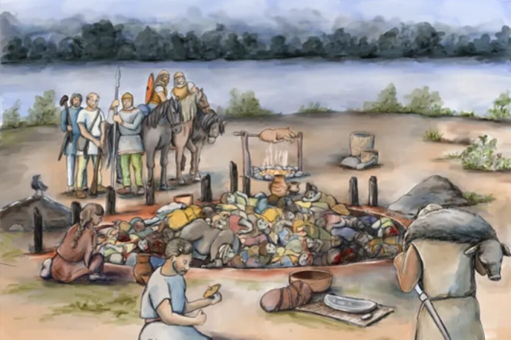 Ilustração de reconstrução do sepultamento em Gomolava, na Sérvia - Estudo revela massacre brutal em vala comum de 2.800 anos na Sérvia - Metrópoles