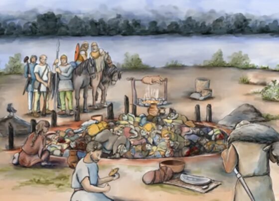 Ilustração de reconstrução do sepultamento em Gomolava, na Sérvia - Estudo revela massacre brutal em vala comum de 2.800 anos na Sérvia - Metrópoles