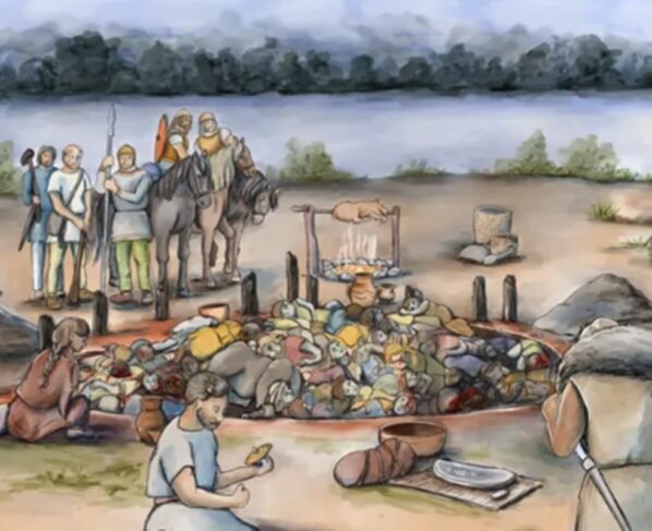 Ilustração de reconstrução do sepultamento em Gomolava, na Sérvia - Estudo revela massacre brutal em vala comum de 2.800 anos na Sérvia - Metrópoles